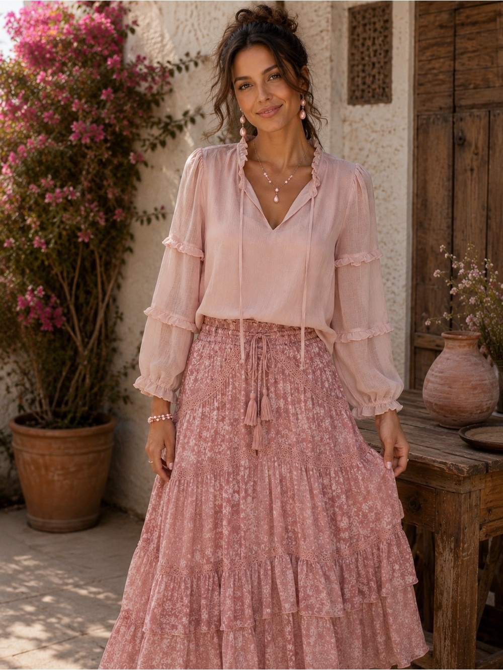 Large Blu Pepper Light Pink Ruffle Long-Sleeve Blouse - Women